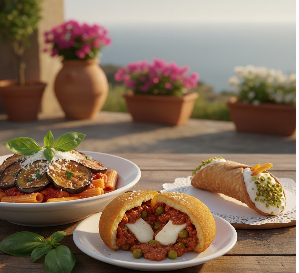 arancino siciliano - pasta alla norma e cannolo siciliano con ricotta.